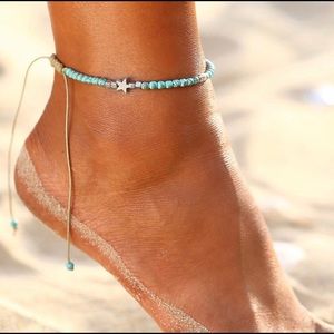 Turquoise Beaded Anklet with Silver Charm Accents